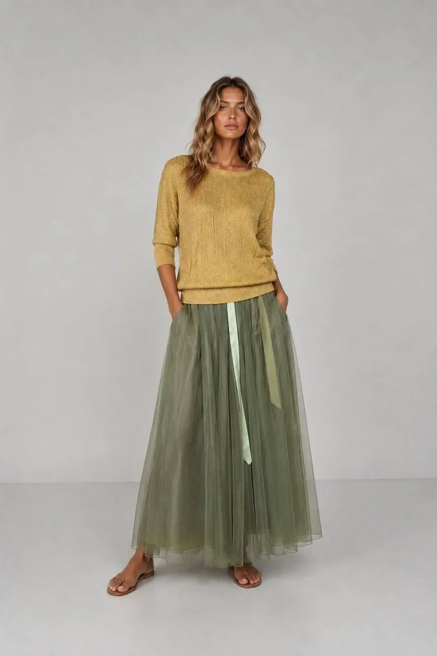 ZARA Knit Italian Yarn Gold Metallic Shimmer Boat Neck Sweater Top Size M (A)
